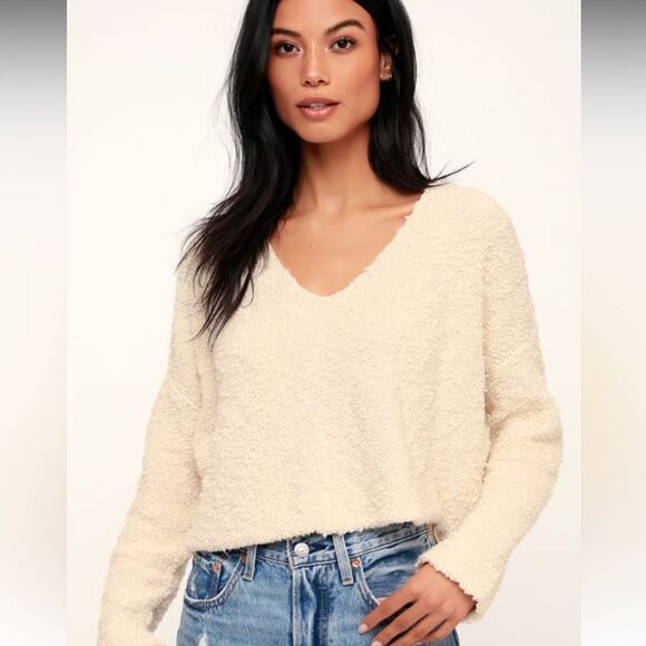 Free People Popcorn V Neck Pullover Sweater Ivory Women's Large Boho Fall Teddy - Picture 1 of 12